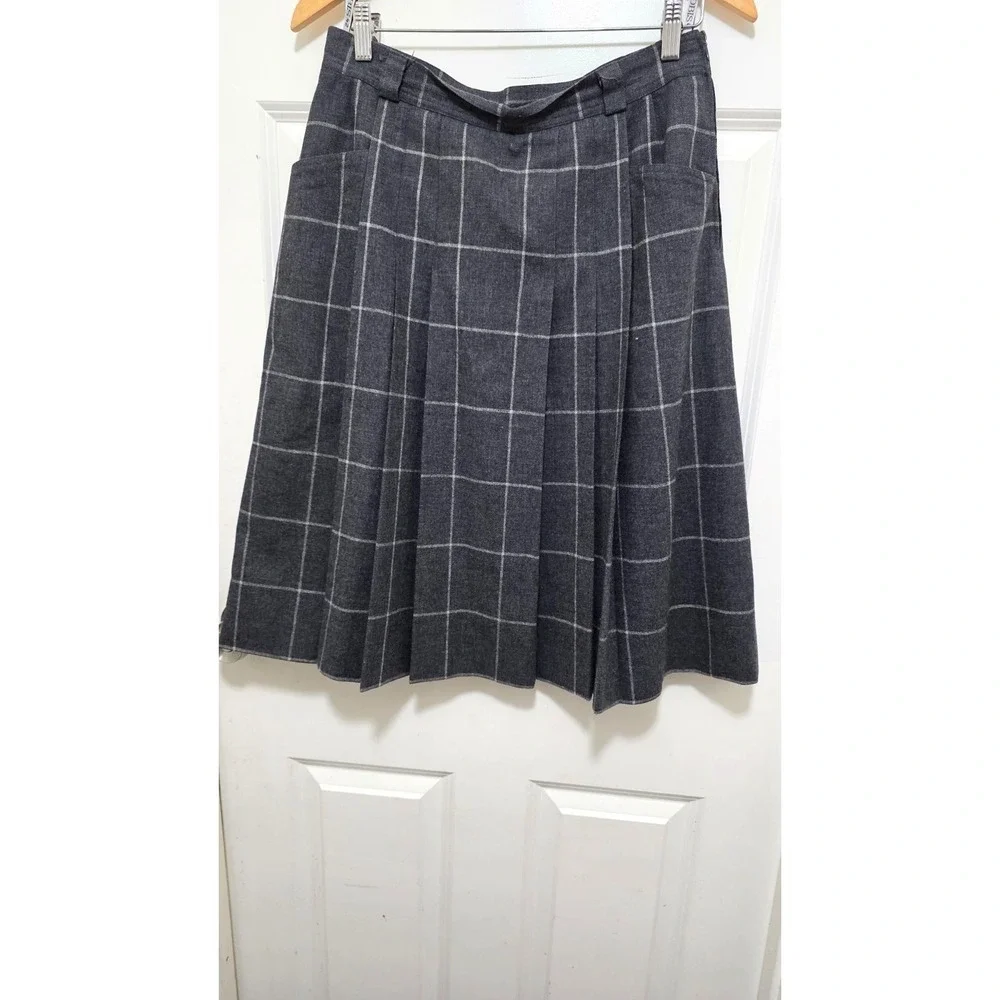 VTG Jobi's Sportswear Y2K 80s 100% Wool Gray Plaid Pleated Knee-Length Skirt Sid